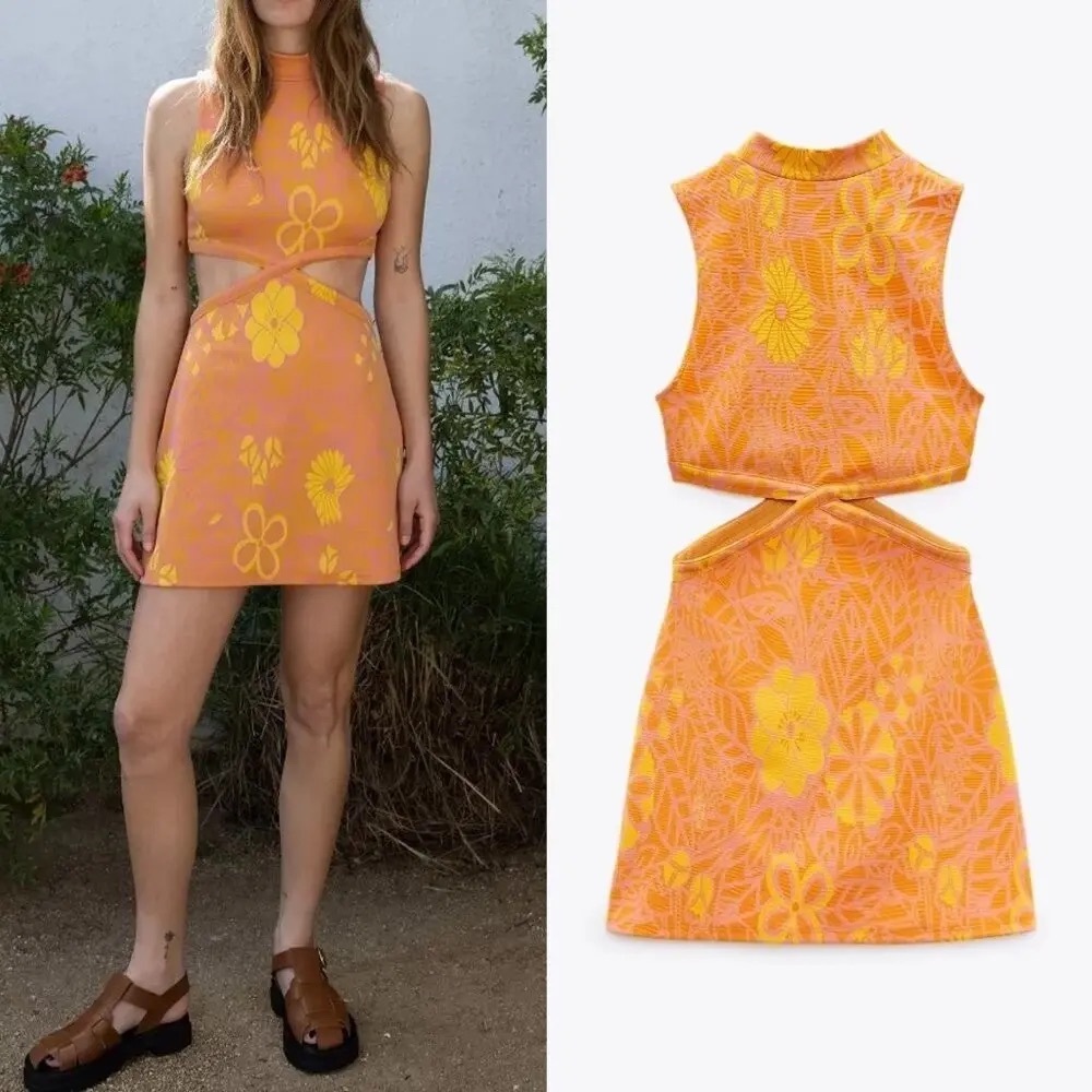 Zara Orange & Yellow Backless Cutout Floral Mini Dress